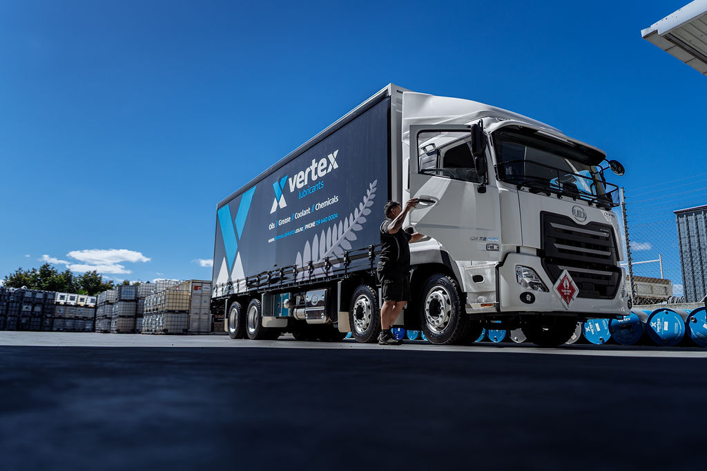 Vertex Lubricants commercial transport truck at a New Zealand depot